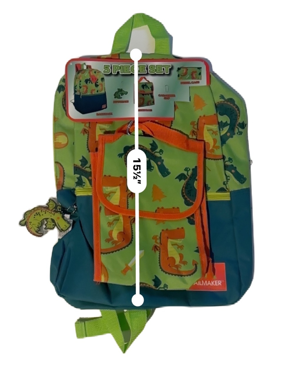 5 Piece Kids Boys Backpack Bag Back to School Set - Green & Orange Dragon Print - Picture 14 of 16